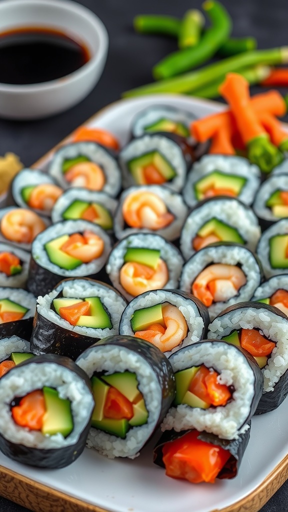 A platter of colorful homemade sushi rolls with cucumber, avocado, and shrimp, served with soy sauce and pickled ginger.